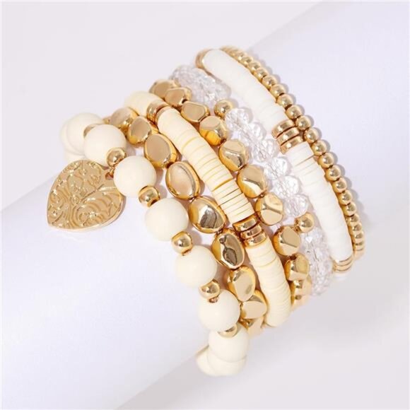 Womens Boho Beaded Bracelets Stackable Clay Surfer Stretch Gold Layering Jewelry - Picture 2 of 8